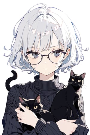 very detailed, high quality, beautiful (medium long shot), 1girl, alone, white hair, exaggeratedly short hair, black eyes, glasses, a serious look, wears a black sweater, accompanied by a black cat