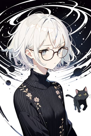 very detailed, high quality, beautiful (medium long shot), 1girl, alone, white hair, exaggeratedly short hair, black eyes, glasses, a serious look, wears a black sweater, accompanied by a black cat