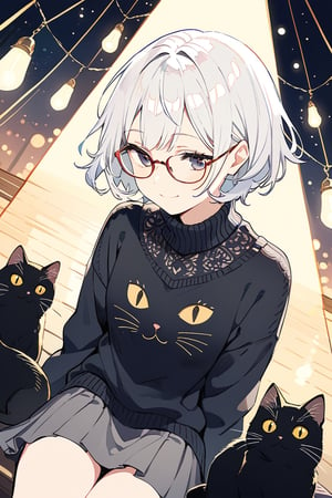 very detailed, high quality, beautiful (medium long shot), 1 girl, alone, white hair, exaggeratedly short hair, black eyes, glasses, cute look, a warm smile, wears a black sweater, accompanied by a black 
cat