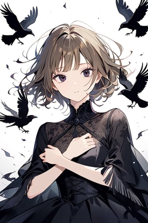 A medium-long shot captures the introspective figure of a young woman with striking features. Her raven-black eyes, surrounded by a fringe of brown hair cut unusually short, convey a sense of bewilderment. A black dress clings to her lithe form, hinting at a mysterious past. Minor burns scattered across her skin evoke a narrative of turmoil and resilience. The camera lingers on the subject's pensive expression, as if frozen in a moment of existential crisis.