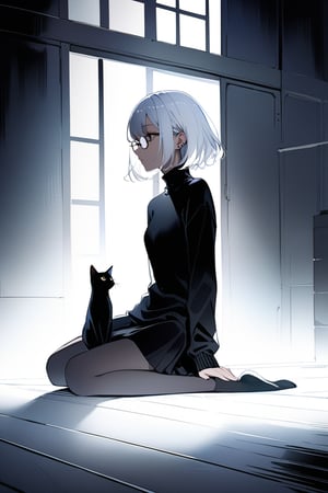 A contemplative young woman with striking white hair, styled in an exaggeratedly short bob, sits pensively amidst a dimly lit room. Her piercing black eyes are framed by sleek glasses, conveying a sense of intensity and focus. A black sweater envelops her slender figure, while a sleek black cat purrs softly at her side. The medium-long shot captures the stark beauty of her profile, as she gazes intently into the distance, lost in thought.