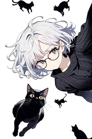 very detailed, high quality, beautiful (medium long shot), 1girl, alone, white hair, exaggeratedly short hair, black eyes, glasses, a serious look, wears a black sweater, accompanied by a black cat