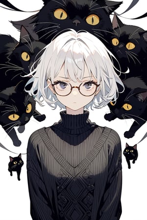 very detailed, high quality, beautiful (medium long shot), 1girl, alone, white hair, exaggeratedly short hair, black eyes, glasses, a serious look, wears a black sweater, accompanied by a black cat