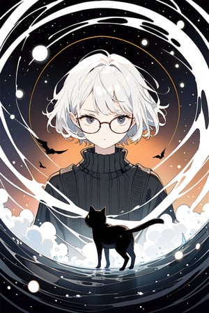 very detailed, high quality, beautiful (medium long shot), 1girl, alone, white hair, exaggeratedly short hair, black eyes, glasses, a serious look, wears a black sweater, accompanied by a black cat