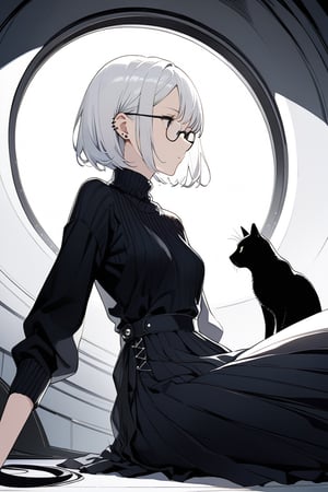 A contemplative young woman with striking white hair, styled in an exaggeratedly short bob, sits pensively amidst a dimly lit room. Her piercing black eyes are framed by sleek glasses, conveying a sense of intensity and focus. A black sweater envelops her slender figure, while a sleek black cat purrs softly at her side. The medium-long shot captures the stark beauty of her profile, as she gazes intently into the distance, lost in thought.