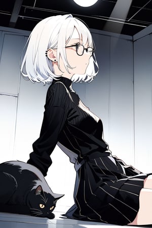 A contemplative young woman with striking white hair, styled in an exaggeratedly short bob, sits pensively amidst a dimly lit room. Her piercing black eyes are framed by sleek glasses, conveying a sense of intensity and focus. A black sweater envelops her slender figure, while a sleek black cat purrs softly at her side. The medium-long shot captures the stark beauty of her profile, as she gazes intently into the distance, lost in thought.