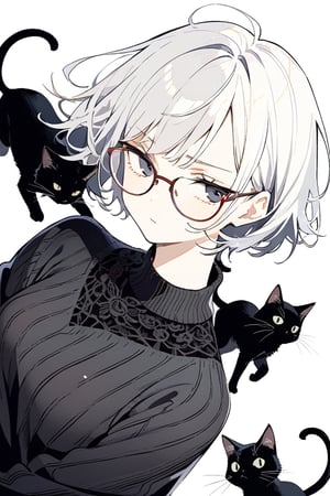 very detailed, high quality, beautiful (medium long shot), 1girl, alone, white hair, exaggeratedly short hair, black eyes, glasses, a serious look, wears a black sweater, accompanied by a black cat