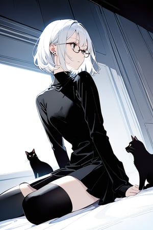 A contemplative young woman with striking white hair, styled in an exaggeratedly short bob, sits pensively amidst a dimly lit room. Her piercing black eyes are framed by sleek glasses, conveying a sense of intensity and focus. A black sweater envelops her slender figure, while a sleek black cat purrs softly at her side. The medium-long shot captures the stark beauty of her profile, as she gazes intently into the distance, lost in thought.