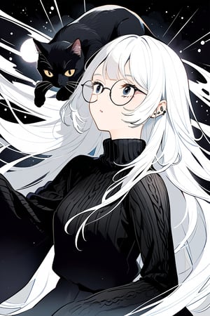 Medium-long shot framing the solitary figure of a young woman with striking features: gleaming white hair cropped to an unusual length, piercing black eyes, and bespectacled gaze. Her expression is one of stern disdain, as if she's beholding something utterly repugnant. A sleek black cat sits atop her head, adding an air of mystique to the scene. The woman wears a form-fitting black sweater that accentuates her slender frame, while the cat's presence seems to amplify her enigmatic aura.