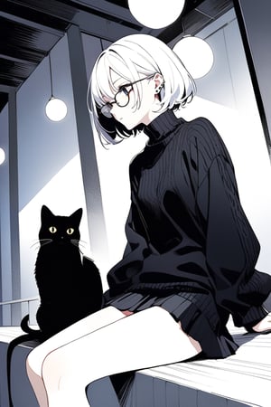 A contemplative young woman with striking white hair, styled in an exaggeratedly short bob, sits pensively amidst a dimly lit room. Her piercing black eyes are framed by sleek glasses, conveying a sense of intensity and focus. A black sweater envelops her slender figure, while a sleek black cat purrs softly at her side. The medium-long shot captures the stark beauty of her profile, as she gazes intently into the distance, lost in thought.