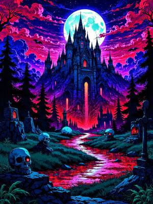 skull,illustration, dog background with horror theme. All over things should be horror representing and very dark.
The dark sky is a deep purple, with dark clouds drifting softly, glowing with a faint ethereal blue. Sharp towering mountains rise in the distance, their peaks covered in enormous crystals that reflect rainbows. Between the mountains flows a river of crimson red water,
In the distance, horrifying flying creatures with semi-transparent wings flash in shades of blue and violet. Among the trees, a floating city rests on islands floating in the air, connected by glowing energy bridges. The buildings of the city seem to be made of dark marble that shines an unnatural glow, adorned with intricate ebony details and towers that appear to reach the sky.
The atmosphere is magical and evil, as if the very air is alive with the energy of the place.