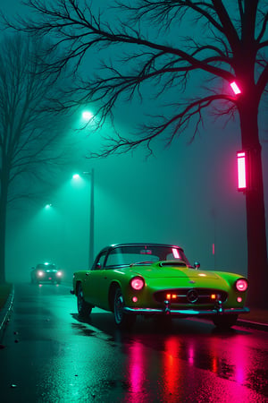 
luminous features,glowing visual effects,glowing particles,neon

Green retro car parked on the street in the evening. The background is saturated with turquoise haze and fog, which adds gloominess. On the right side of the road there are futuristic lanterns with bright red lights illuminating the sidewalk and road. The branches of trees without leaves bend slightly over the road, adding to the gloomy autumn atmosphere and mystery