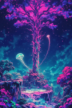 neon, Bioluminescent, surrealism, glitter, A surreal, floating island suspended in an endless, glowing void of deep purple and teal mist. The island’s surface is covered in bioluminescent flowers that pulse with neon pink and teal hues, their light shimmering like glitter under the soft glow of an otherworldly moon. Towering, crystalline trees rise from the island, their bark covered in swirling patterns of neon purple, while their leaves sparkle like millions of tiny gems. At the center of the island, a glowing pool reflects the sky, its waters shimmering with rainbow colors. Floating jellyfish-like creatures drift lazily through the air, trailing tendrils of glowing light.
The lighting is dreamlike and otherworldly, with the soft bioluminescence and neon glow creating a mesmerizing, surreal landscape