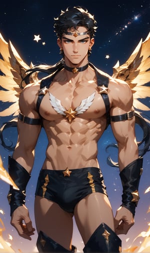 score_9, score_8_up, score_7_up, score_6_up, score_5_up, masterpiece, 1boy, solo, handsome, muscular, slim, perfect anatomy, rating_explicit, source_anime, facing directly at the viewer, Expressiveh, concept art, dark theme, BREAK, crystal palace background,score_9, score_8_up, score_7_up, more detail XL, outdoors, source_anime, standing, galaxy background, score_9, score_8_up, score_7_up, source_anime,score_9, score_8_up, score_7_up,score_9, score_8_up, score_7_up,black hair, long hair, low ponytail,SailorStarFighter male, black chest pad, black head band with star logo, black chokers with star sign, black briefs, black boots, golden wings