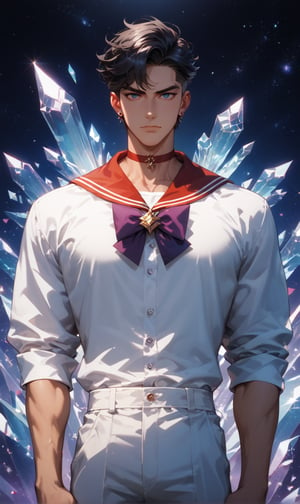 score_9, score_8_up, score_7_up, score_6_up, score_5_up, masterpiece, 1boy, solo, handsome, chiseled jawline, muscular, slim, perfect anatomy, rating_explicit, source_anime, facing directly at the viewer, Expressiveh, concept art, dark theme, BREAK, crystal palace background,score_9, score_8_up, score_7_up, more detail XL, outdoors, source_anime, standing, galaxy background, score_9, score_8_up, score_7_up,aamars, black hair, red choker, red sailor collar,purple bowtie