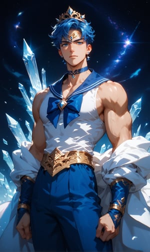 score_9, score_8_up, score_7_up, score_6_up, score_5_up, masterpiece, 1boy, solo, handsome, muscular, slim, perfect anatomy, rating_explicit, source_anime, facing directly at the viewer, Expressiveh, concept art, dark theme, BREAK, crystal palace background,score_9, score_8_up, score_7_up, more detail XL, outdoors, source_anime, standing, galaxy background, score_9, score_8_up, score_7_up, source_anime,score_9, score_8_up, score_7_up,score_9, score_8_up, score_7_up,aamercury male, short hair, blue hair, tiara, blue eyes, blue choker,blue sailor collar,white tanktop, blue bowtie,blue cloth,blue boots