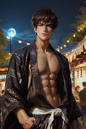 score_9, score_8_up,score_7_up, 1boy, solo, five fingers, handsome, chiseled jawline, perfect anatomy, standing, festival, city background, Expressiveh, concept art, dark theme, japanese matsuri, score_6_up,score_5_up,score_4_up,BREAK, rating_explicit,smooth,REALISTIC,SDXL 1.0,CONCEPT CHARACTER,MODEL,MALE,more detail XL,yukata,source_anime,kinomoto_touya,short hair,brown hair,brown eyes,male focus