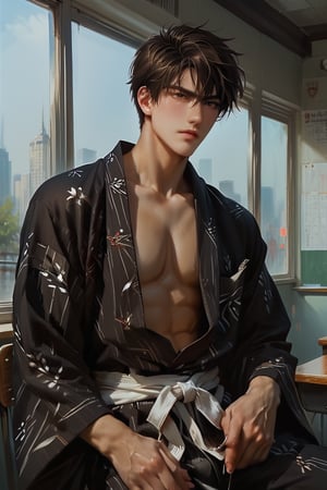 score_9, score_8_up,score_7_up, 1boy, solo, five fingers, handsome, chiseled jawline, perfect anatomy, standing, city background, Expressiveh, concept art, dark theme, sitting on the window in classroom, score_6_up,score_5_up,score_4_up,BREAK, rating_explicit,smooth,REALISTIC,SDXL 1.0,CONCEPT CHARACTER,MODEL,MALE,more detail XL,yukata,source_anime,kinomoto_touya,short hair,brown hair,brown eyes,male focus