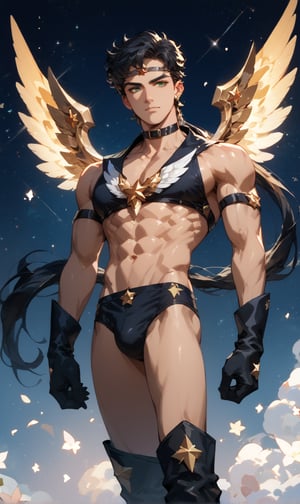 score_9, score_8_up, score_7_up, score_6_up, score_5_up, masterpiece, 1boy, solo, handsome, muscular, slim, perfect anatomy, rating_explicit, source_anime, facing directly at the viewer, Expressiveh, concept art, dark theme, BREAK, crystal palace background,score_9, score_8_up, score_7_up, more detail XL, outdoors, source_anime, standing, galaxy background, score_9, score_8_up, score_7_up, source_anime,score_9, score_8_up, score_7_up,score_9, score_8_up, score_7_up,grey straight hair, long hair, low ponytail, green eyes, SailorStarHealer male, black chest pad, black head band with star logo, black chokers with star sign, black briefs, black boots, golden wings