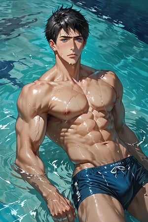 score_9, score_8_up,score_7_up, 1guy, solo, five fingers, handsome, chiseled jawline, huge muscular, tall, underwear, bulges, perfect anatomy, swims in the water, floating in the water, in the middle of the pool, half body floating in the water, from above, Expressiveh, concept art, dark theme, score_6_up,score_5_up,score_4_up,BREAK, rating_explicit,source_anime,sousuke_yamazaki, black hair, blue eyes, short hair,