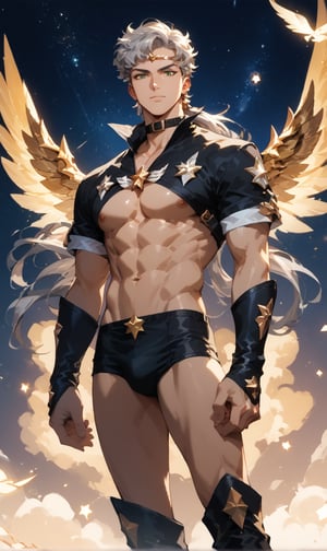 score_9, score_8_up, score_7_up, score_6_up, score_5_up, masterpiece, 1boy, solo, handsome, muscular, slim, perfect anatomy, rating_explicit, source_anime, facing directly at the viewer, Expressiveh, concept art, dark theme, BREAK, crystal palace background,score_9, score_8_up, score_7_up, more detail XL, outdoors, source_anime, standing, galaxy background, score_9, score_8_up, score_7_up, source_anime,score_9, score_8_up, score_7_up,score_9, score_8_up, score_7_up,grey hair, long hair, low ponytail, green eyes, SailorStarHealer male, black chest pad, black head band with star logo, black chokers with star sign, black briefs, black boots, golden wings