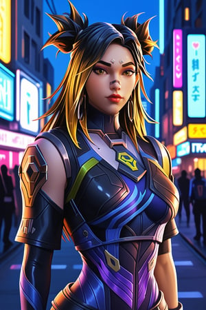 A neon from valorant stand,quality, perfect face and eyes, hd,detailed,beautiful, makeup,long hair,stand in city,blurry background,neonSDXL