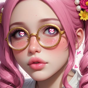 close-up,masterpiece, beautiful girl, pink hair in pigtails,with bright cosmic sparkling eyes, long eyelashes, plump lips, freckles in round glasses with rhinestones and a brooch of flowers, in a shirt with ruffles off her shoulders, openwork,golden-pearl shine, pearl skin, flowers, aesthetically pleasing, beautiful, high resolution, neon,hearts, anime style