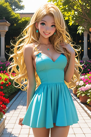 Beautifull sexy kawai woman, little dress, long blonde hair, big eyes, smile, stang model pose, garden, neon