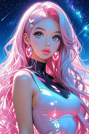 Beautifull sexy kawai woman, long bronze hair, big eyes, big lips, stang model pose, cyberpunk, neon,  pastel nebula clouds, sexy body