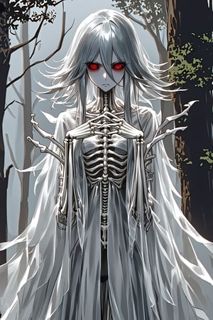 anime, beautiful skeleton girl, angry face, big poisonous eyes, graceful hands, beautiful sexy body, minimal clothing, transparent cape, against a background of dry trees, clear drawing of details, dark fantasy,DonMB4nsh33XL 