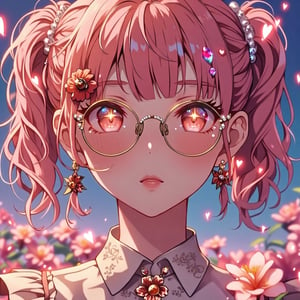 close-up,masterpiece, beautiful sexy girl, pink hair in pigtails,with bright cosmic sparkling eyes, long eyelashes, plump lips, freckles in round glasses with rhinestones and a brooch of flowers, in a shirt with ruffles off her shoulders, openwork,golden-pearl shine, pearl skin, flowers, aesthetically pleasing, beautiful, high resolution, neon,hearts, anime style