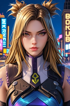 A neon from valorant stand,quality, perfect face and eyes, hd,detailed,beautiful, makeup,long hair,stand in city,blurry background,neonSDXL