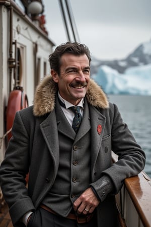 25 years old age, young man, Veteran explorer Ernest Shackleton, looking inspired and excited, with a happy expression. Depicted from the waist up in a semi-frontal view, photo of a man in a suit with his hand on his, Louis Schanker, Dugald Sutherland MacColl, Oswald Birley, Rupert Shephard, Randolph Schwabe, Adolf Schrödter, gordon onslow ford, in the 1920s, Norman Saunders, Rudolf Schlichter, frank stephenson, Richard Gordon Kendall, woodrow wilson, ripley scott, Edward Corbett, 4K resolution. He is wearing detailed historical explorer clothing, resembling a blend of classic expedition gear and stylized, futuristic elements, Background at Ship and sea, ((professor and cinematic))