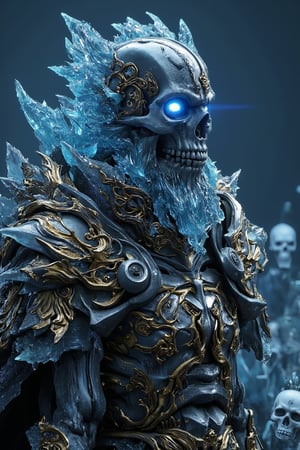 ((masterpiece, best quality)),(complex light),trending, high quality, realistic, intricate detailed, graceful and beautiful textures, 16K,aurora light,beautiful and cool,
A close-up of an icy and ghostly skeleton king wearing intricate golden armor, with glowing eyes surrounded by translucent skeletons floating in the dark ocean. Rendered in the style of Unreal Engine, with a cinematic, hyper-realistic style. 