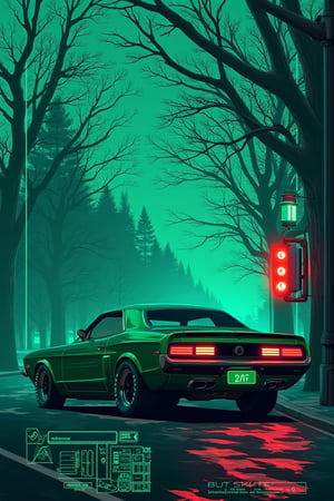 Detailed poster of a Green retro car parked on the street in the evening. The background is saturated with turquoise haze and fog, which adds gloominess. On the right side of the road there are futuristic lanterns with bright red lights illuminating the sidewalk and road. The branches of trees without leaves bend slightly over the road, adding to the gloomy autumn atmosphere and mysteryshowcasing the driver's profile. The blueprint provides intricate details of the vehicle's structure, while labels and info offer comprehensive insights. The driver's profile adds a personal touch, highlighting their experience and achievements.