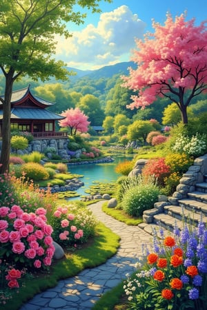 create an oil painting in the style of Bob Ross, of a beautful Japanese garden, on sunny day with many flowers,noc-futuristic,noc-fantasy