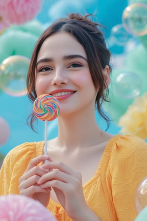 A whimsical Andersen-inspired scene unfolds. A 21-year-old girl sits serenely on a colorful cloud of blue, pink, yellow and green, her delicate hands holding a magnificent lollipop decorated with vivid swirls. The subject’s characteristically intricately detailed skin, defined eyebrows and happy smile are anatomically correct. Surrounded by lush and unpredictable transparent bubbles, the girl’s realistic face invites reflection. In the midst of the unrealistic scene and situation, the sweet atmosphere is heightened by the exquisitely beautiful and aesthetically pleasing cinematic lighting.