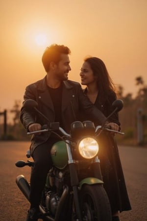 A lovely couple are riding on a motorcycle on the road, sunset, lens flare, riding a motorcycle, portrait shot, sitting on a motorcycle, wlop and ross tran,the man wear black leather jacket, medium flow haircut, modeling photography, motorcycle, riding a motorbike, cinematic, realistic, masterpiece, 8k, high detail, high definition, by leng jun, in style of kyrill kotashev, motorcycles, 8k, best quality, (ultra-detailliert,Caustics),(Photorealsitic:1.4,RAW shooting,)Ultra-realistic capture,A highly detailed,high-definition16K for human skin, background, ocean road