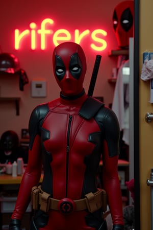 A medium shot of jlawrence (young, 20years old) as Lady Deadpool. She has taken off the mask and is standing in front of a mirror. Her suit is unzip to show her neckline. The background contains a messy room with various items, including a Deadpool helmet. The lighting is warm and soft. neon light says "rifers" in the wall