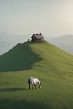 A lonely house on the top of a lonely short mountain. Green grass everywhere, a small rever  besides the mountain and a horse and a young  girl standing there.