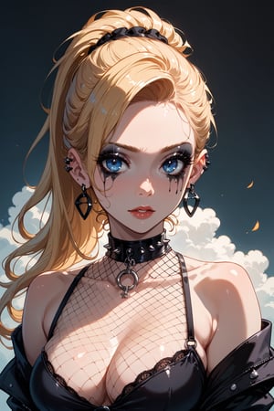 hana midorikawa, blonde hair, long hair, tied hair,blue eyes, goth makeup, goth outfit, fishnets,score_9,score_8_up,score_7_up, 