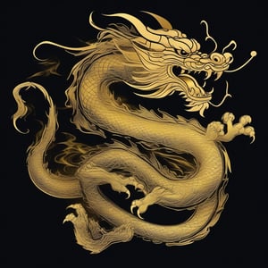 Stylized Chinese dragon in full gold color, single stroke of gold paint, black background, design for kung fu taiji quan,elegant, simple, aggressive, attractive,Americunt9