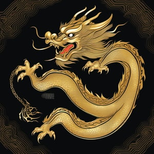 Stylized Chinese dragon in full gold color, single stroke of gold paint, black background, design for kung fu taiji quan jacket