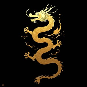 Stylized Chinese dragon in full gold color, single stroke of gold paint, black background, design for kung fu taiji quan,elegant, simple, aggressive, attractive,Americunt9