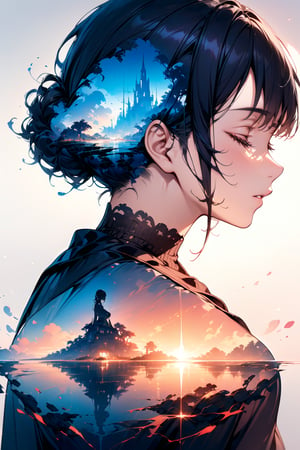 official art,high quality,production art,novel illustration,best,high resolution,best quality,award winning,highly detailed,masterpiece,by famous artist,hyper extreme detailed, silhouette of a woman in profile (looking to the right side). Inside the silhouette you can see the double exposure with a imagen representing a couple, closed eyes, masterpiece, ((double exposure)), proportional.,DOUBLE EXPOSURE,Ink art