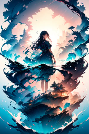 Official art, high quality, production art, novel illustration, best, high resolution, best quality, award-winning, highly detailed, masterpiece, by famous artist, hyper extreme detailed, silhouette of a woman sinking into the sea, inside the silhouette you can see the double exposure with an image strongly emphasizing a serene underwater scene, closed eyes, masterpiece, ((double exposure)), proportional, DOUBLE EXPOSURE, Ink art, with a clear focus on the underwater atmosphere as the backdrop and emotional landscape.