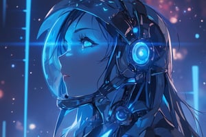 Anime style, cyborg girl, standing, neon light, blue neon light, standing, galaxy, helmet, steam punk, Eyelashes