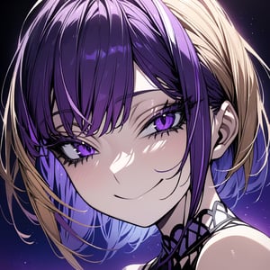 official art,high quality,production art,novel illustration,best,high resolution,best quality,award winning,highly detailed,masterpiece,by famous artist,hyper extreme detailed,
a female, solo, 20 years old, A close up of eyes,
portrait of a character with an asymmetrical haircut, where one side is longer than the other, featuring sharp angles and a modern, 
blonde hair, ((Purple highlights hair, smoky Purple streaked hair)),
edgy look, high resolution, detailed hair texture, vibrant colors, studio lighting, smile, masterpiece,Eyelashes 