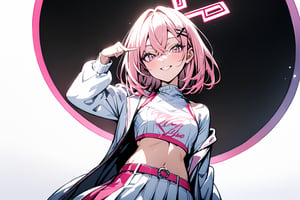 masterpiece, ultra detailed, woman, solo, cheerful, smiling, pointing at self, looking ahead, bob, hairs between eyes, crossed bangs, white background, cel anime, thick outline, line art, pink hair, pink eyes, gradient eyes, slender, white jacket, white and pink crop top, white skirt, long sleeves, midriff, pink belt, black X-shaped hairpin, 20-year-old, full body shot