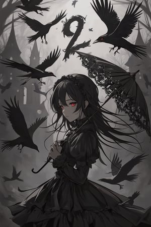 masterpiece, ultra detailed, HD, 
1girl, solo, Anime style, Japanese anime, 

monochrome illustration. Countless crows are flying and swirling together, forming a large number “2” with their black feathers creating a striking contrast. The number “2” is clearly visible amidst the crows. In the center stands a Gothic Lolita girl, wearing a classic dress adorned with frills and lace. She has long black hair, a ribbon, and holds a delicately decorated parasol, with a fragile and mysterious expression on her face. red eyes, The background is a misty, dimly lit scene of an old church or graveyard, enhancing the eerie and solemn atmosphere. The crows merge with the girl and the number “2,” creating a sense of stillness and unease. The deep shadows and stark lighting emphasize the dark, ethereal beauty of the scene.,

Anime Style,Eyelashes